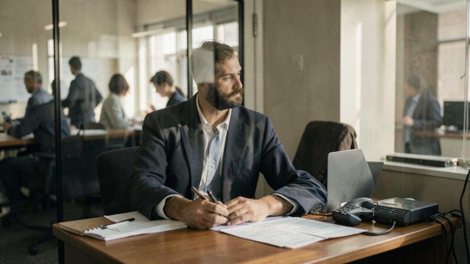A business owner working alone at a desk with colleagues visible through a glass partition