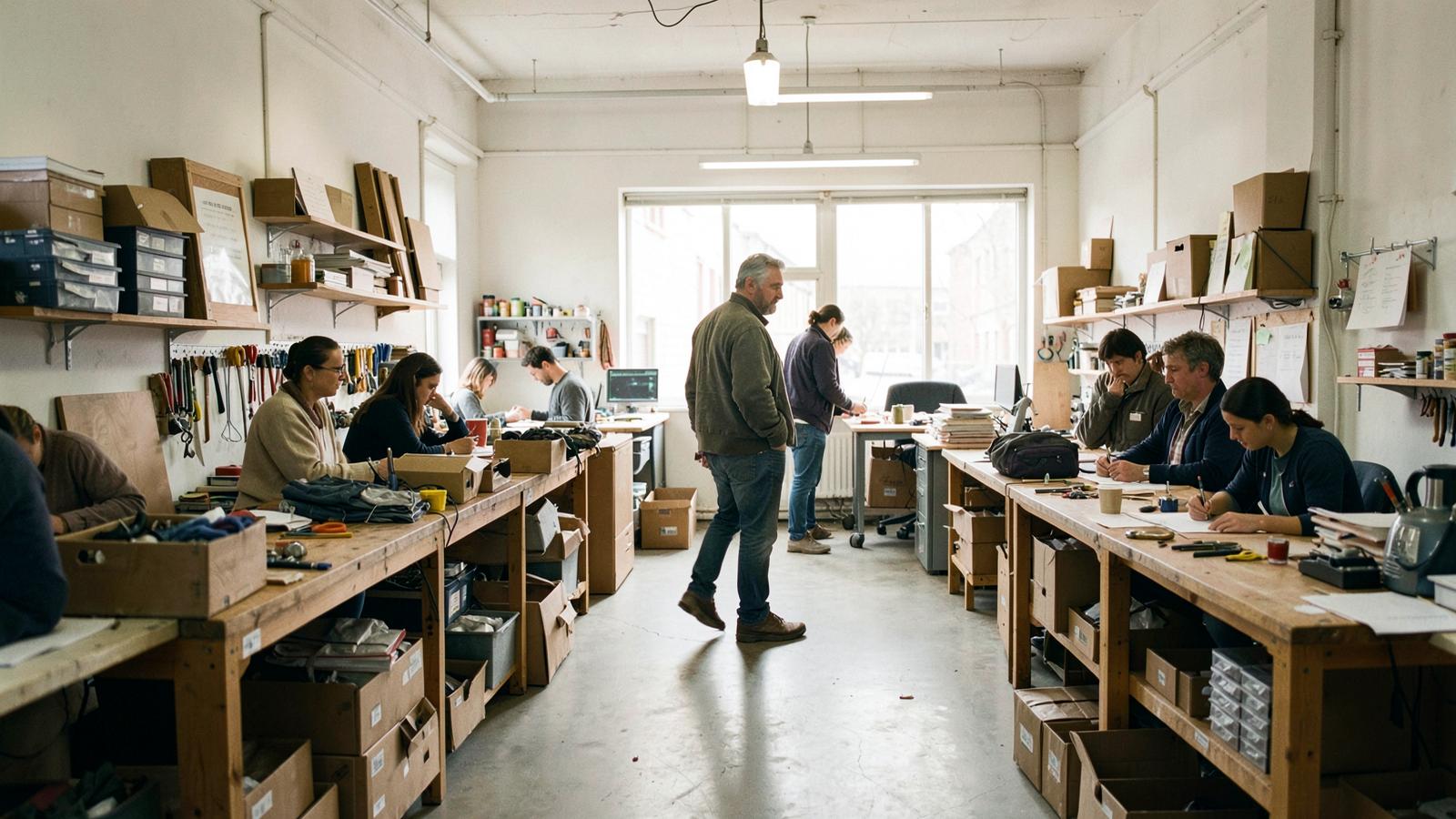 A business owner walking through a busy workshop where a small team is working at benches