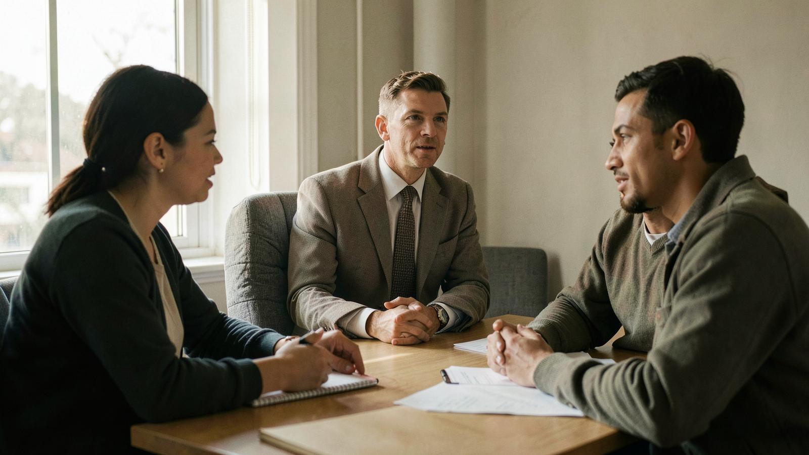 A manager in conversation with two colleagues beside an office window