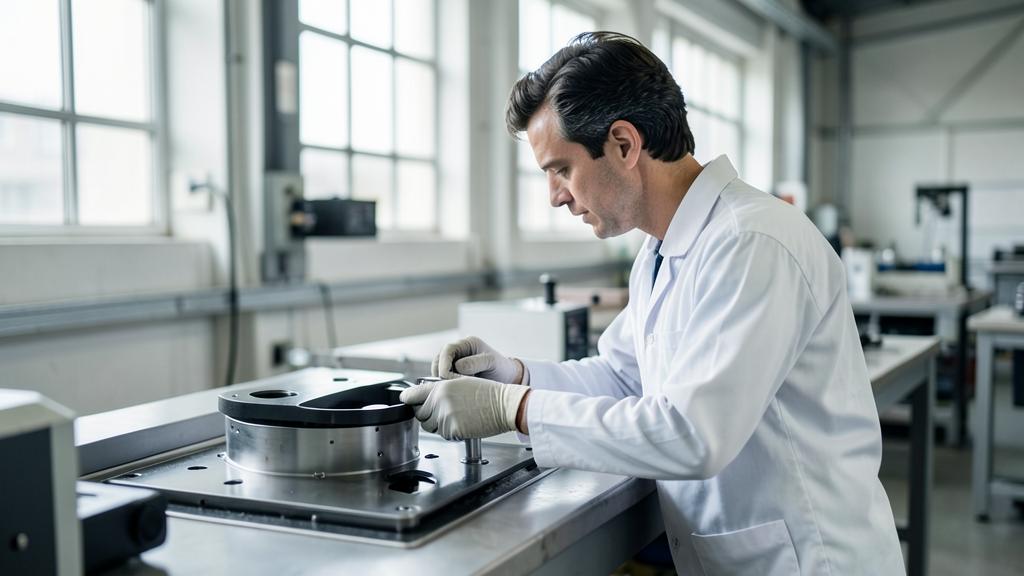Engineer inspecting a precision component on a manufacturing floor