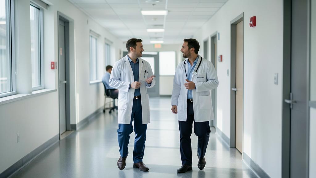 Two clinicians in conversation walking along a hospital corridor