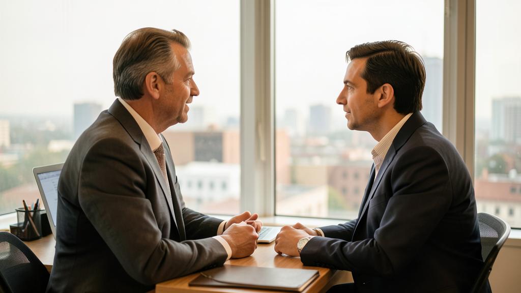 Two partners in discussion beside an office window overlooking a city