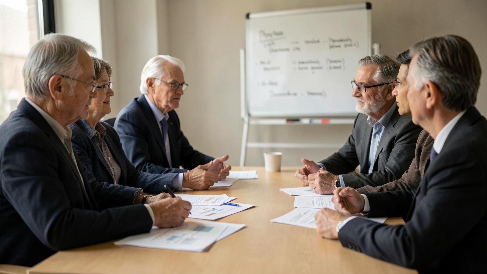 A leadership team in discussion around a table with printed priorities and a whiteboard