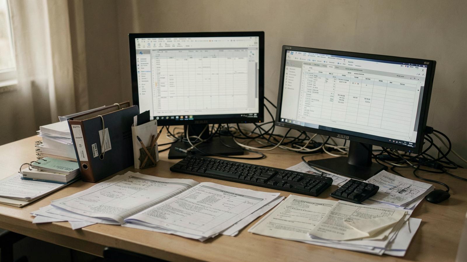 An office desk covered with printed spreadsheets, binders and two screens showing data tables