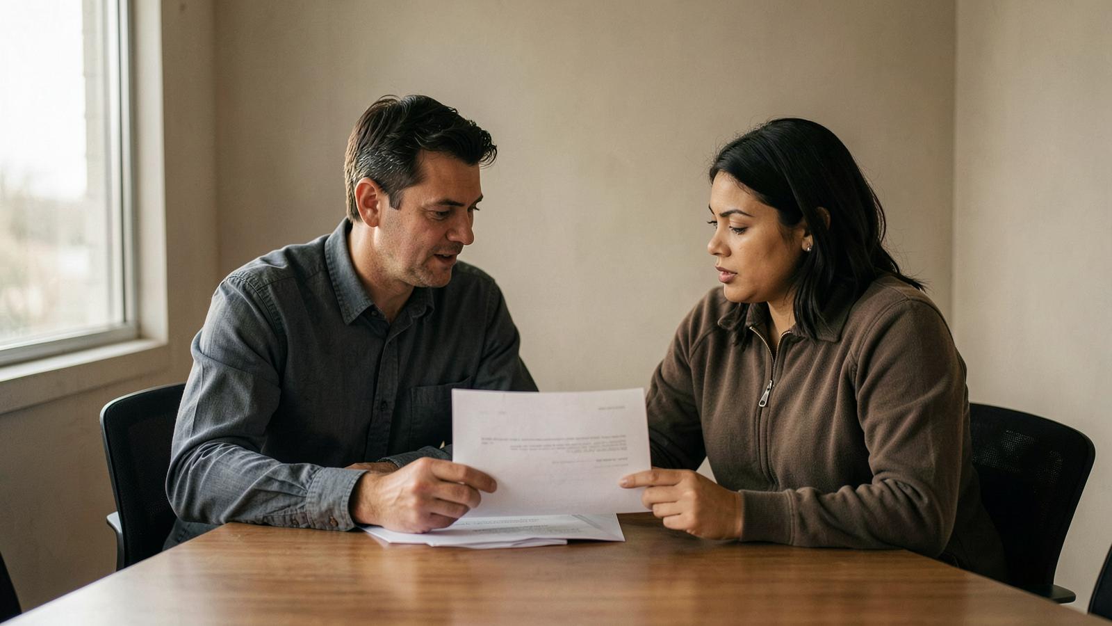 A manager and an employee reviewing a printed document together in a quiet meeting room
